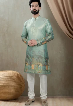 Digital Printed Art Silk Kurta Set in Light Sea Green