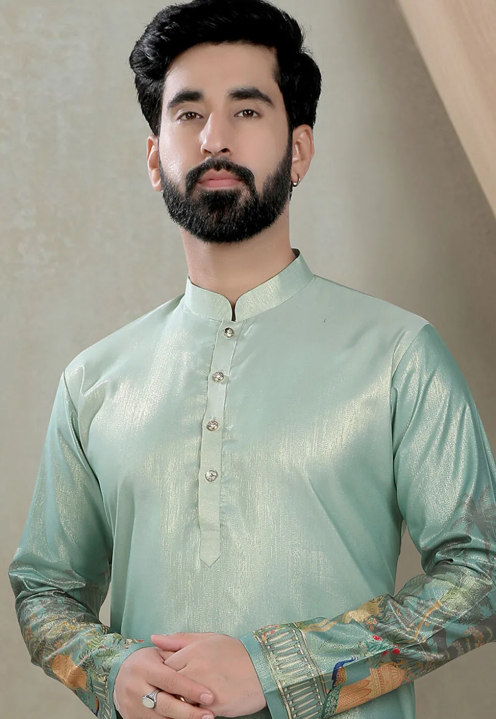 Digital Printed Art Silk Kurta Set in Light Sea Green