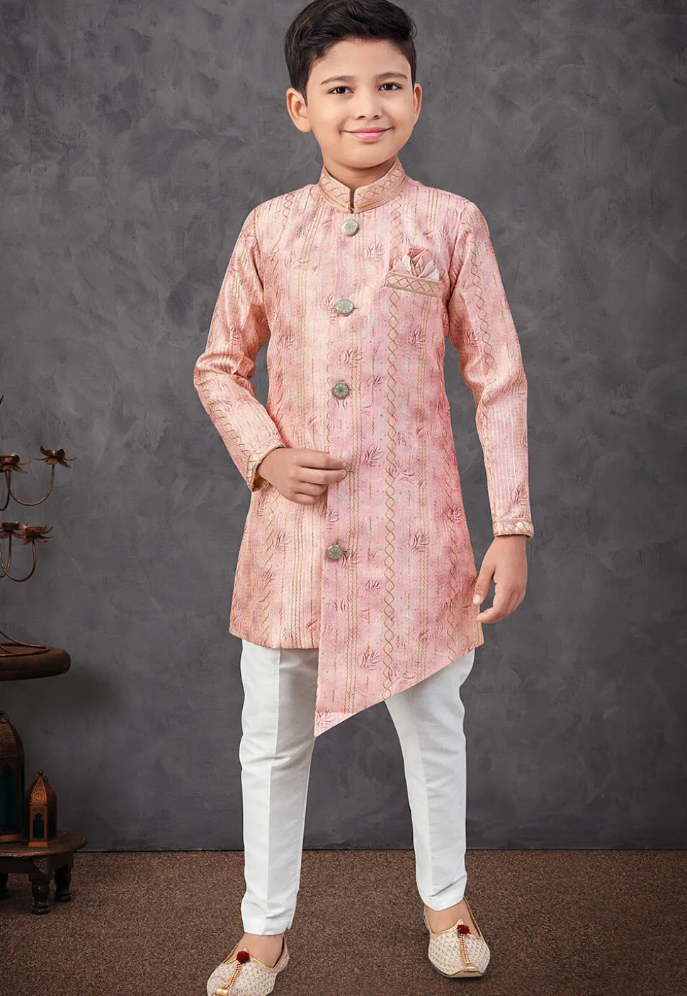 Digital Printed Art Silk Asymmetric Sherwani in Peach