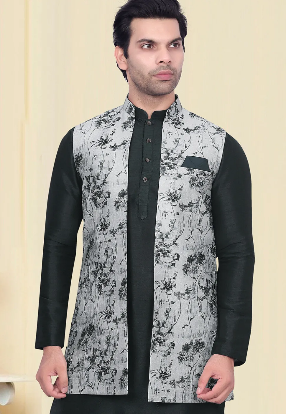 Digital Printed Art Silk Jacquard Nehru Jacket in Light Grey
