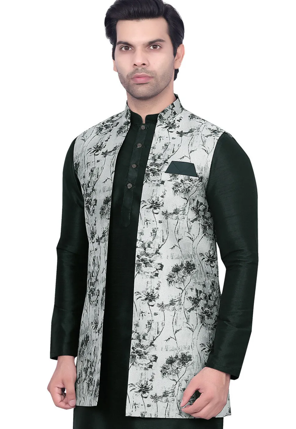 Digital Printed Art Silk Jacquard Nehru Jacket in Light Grey