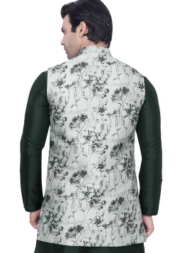Digital Printed Art Silk Jacquard Nehru Jacket in Light Grey