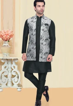 Digital Printed Art Silk Jacquard Nehru Jacket in Light Grey