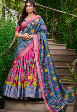 Digital Printed Art Silk Lehenga in Fuchsia