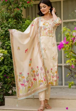 Digital Printed Art Silk Pakistani Suit in Beige