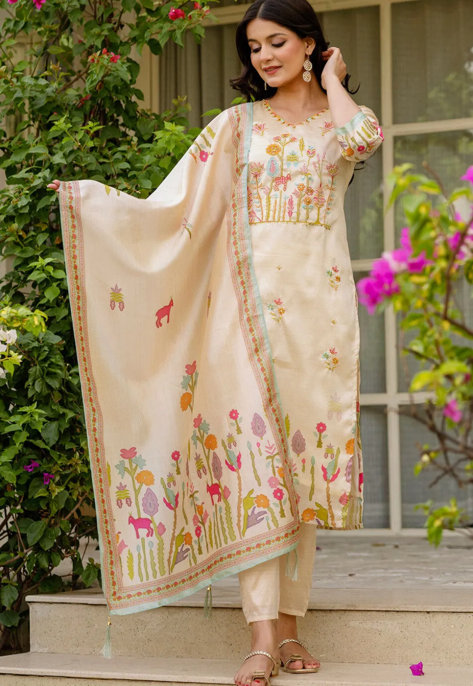 Digital Printed Art Silk Pakistani Suit in Beige