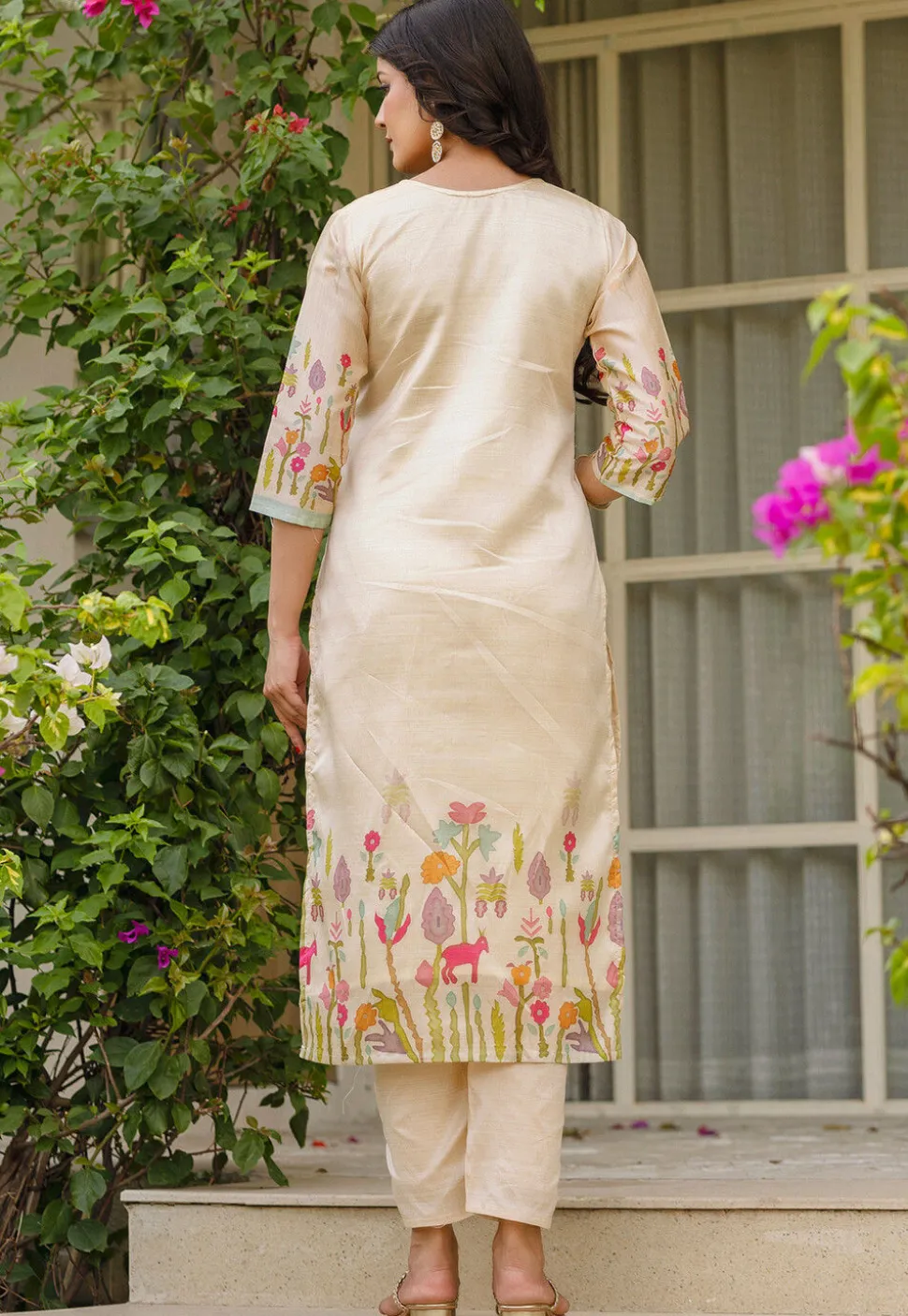 Digital Printed Art Silk Pakistani Suit in Beige