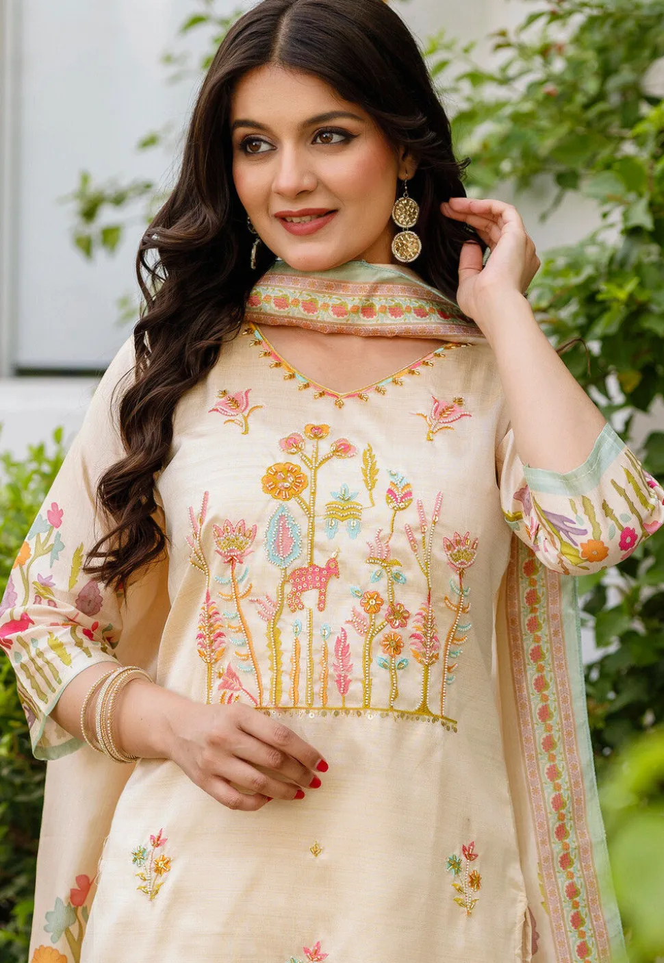 Digital Printed Art Silk Pakistani Suit in Beige