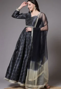 Digital Printed Art Silk Abaya Style Suit in Navy Blue