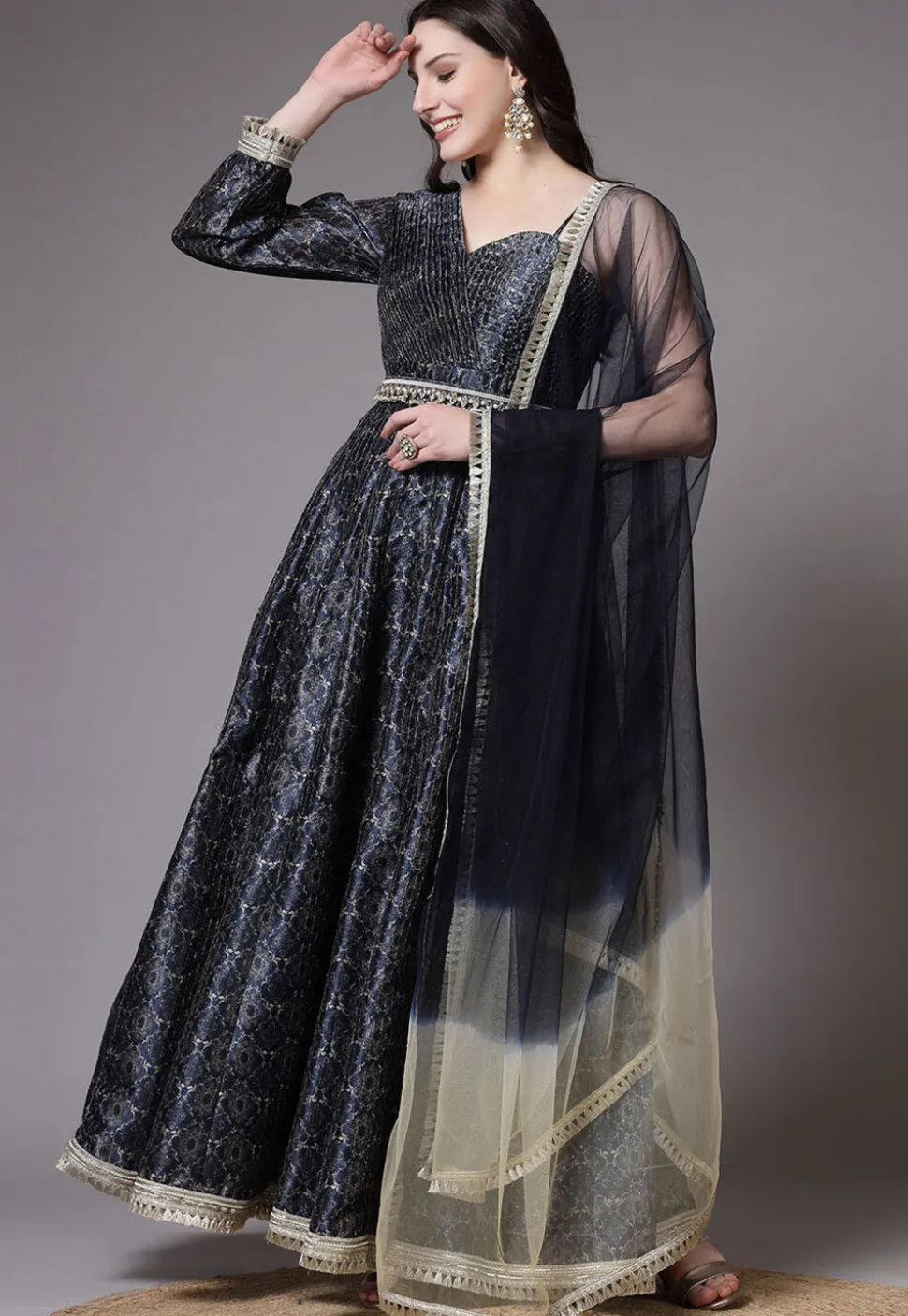 Digital Printed Art Silk Abaya Style Suit in Navy Blue