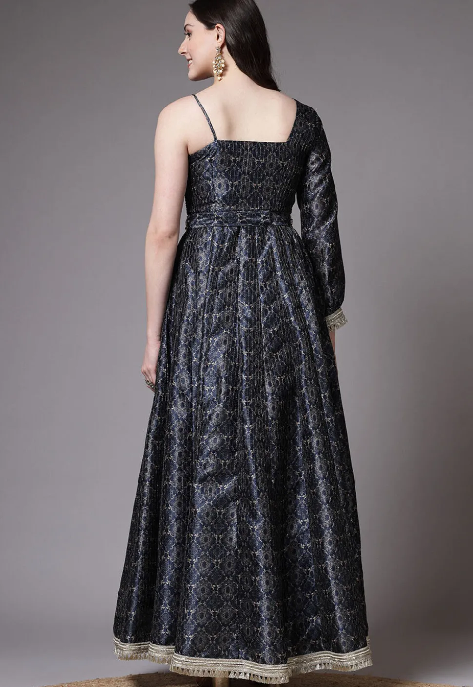 Digital Printed Art Silk Abaya Style Suit in Navy Blue