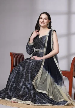 Digital Printed Art Silk Abaya Style Suit in Navy Blue