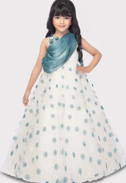 Digital Printed Art Silk Gown with Attached Dupatta in Off White and Blue