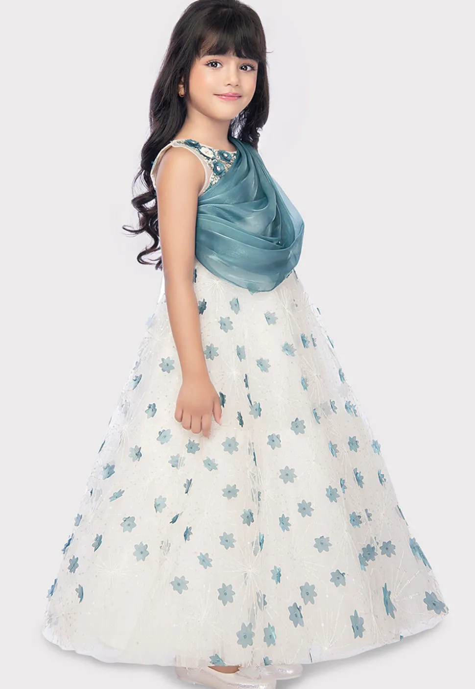 Digital Printed Art Silk Gown with Attached Dupatta in Off White and Blue