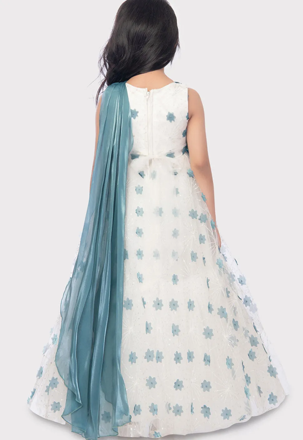 Digital Printed Art Silk Gown with Attached Dupatta in Off White and Blue
