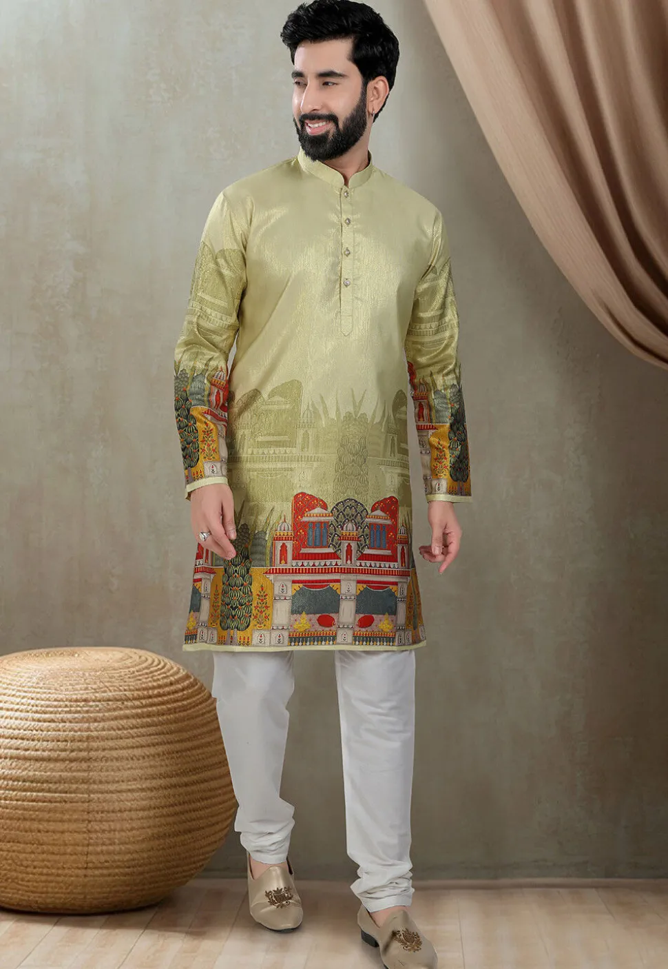 Digital Printed Art Silk Kurta Set in Olive Green