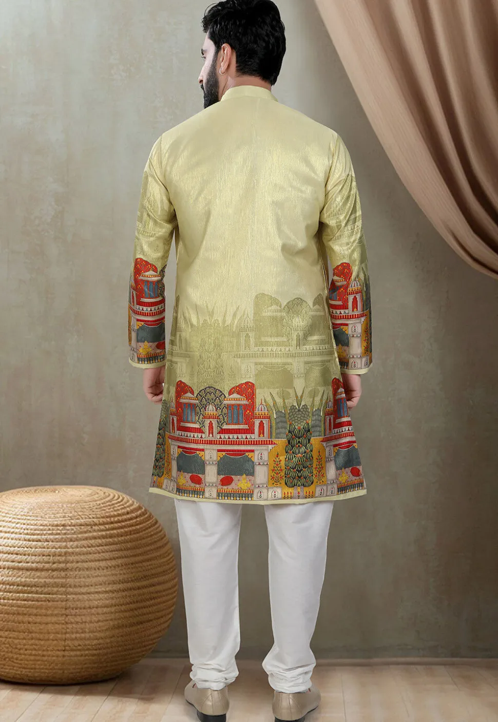 Digital Printed Art Silk Kurta Set in Olive Green