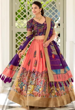 Digital Printed Art Silk Lehenga in Pink