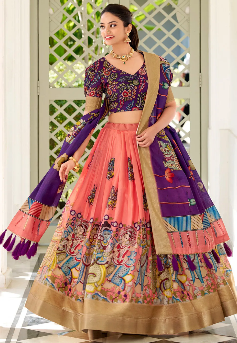Digital Printed Art Silk Lehenga in Pink