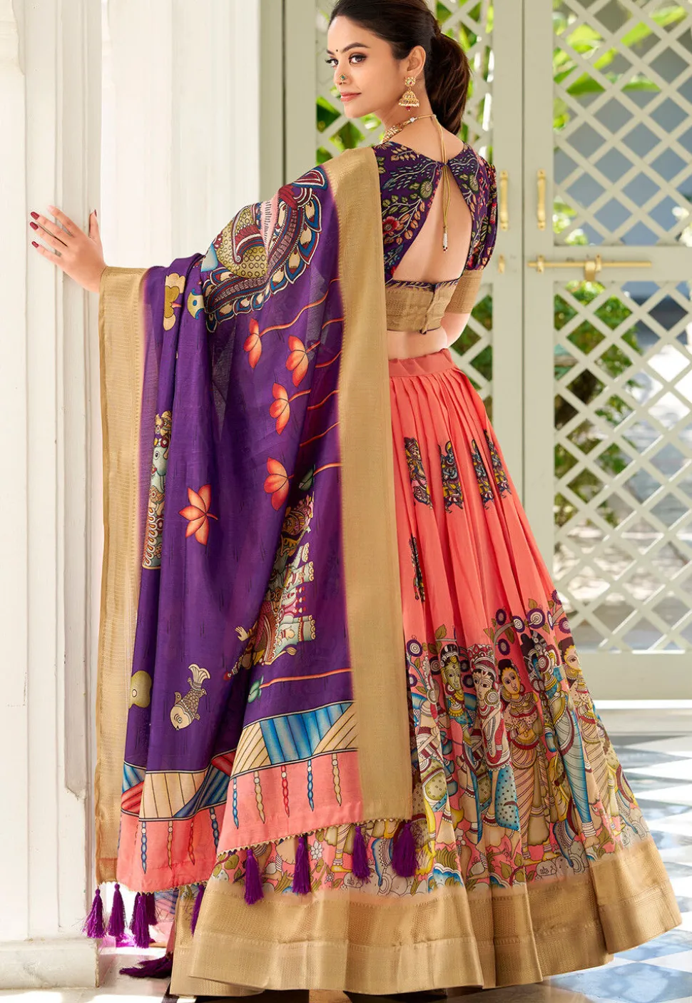 Digital Printed Art Silk Lehenga in Pink