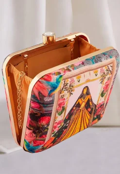 Digital Printed Art Silk Square Clutch Bag in Multicolor