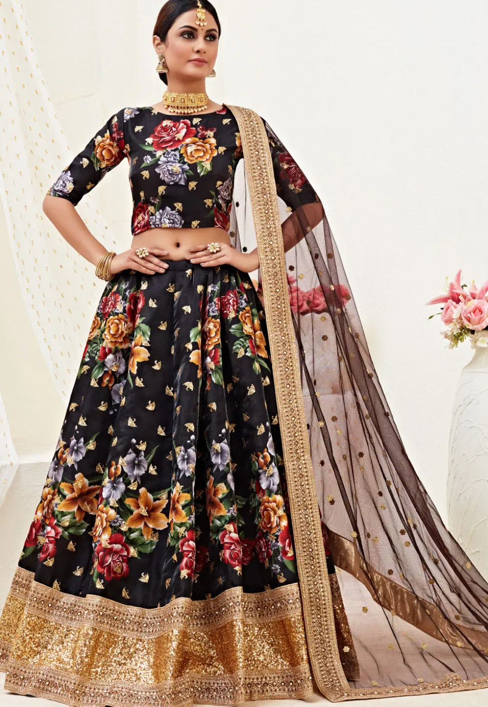 Digital Printed Art Silk Lehenga in Black