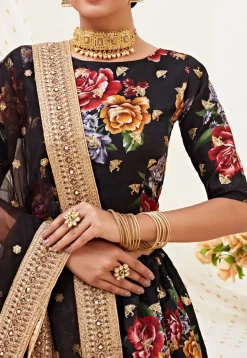 Digital Printed Art Silk Lehenga in Black