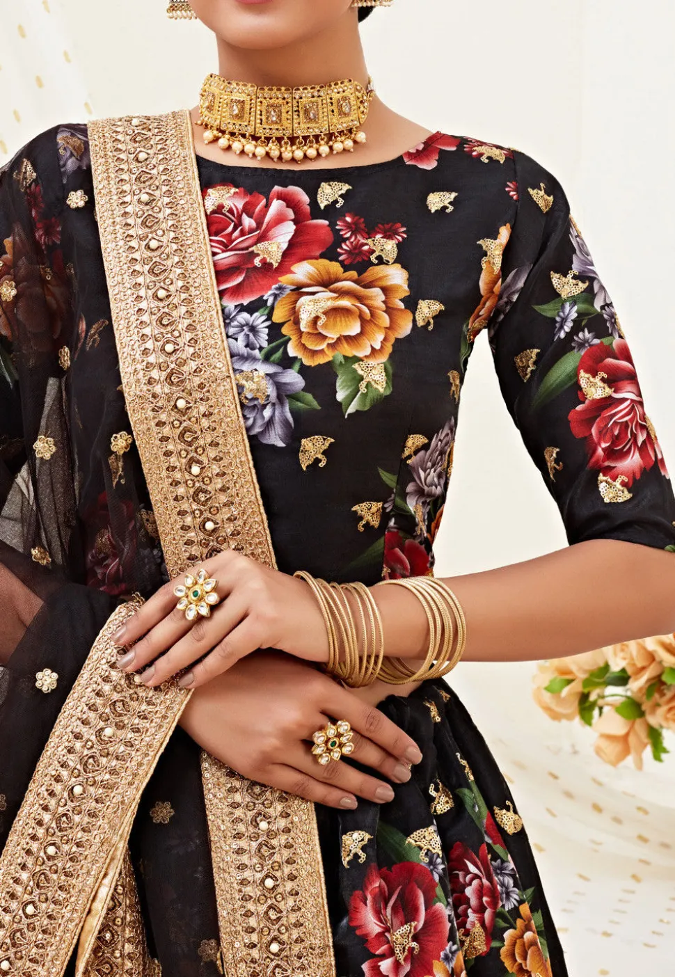 Digital Printed Art Silk Lehenga in Black