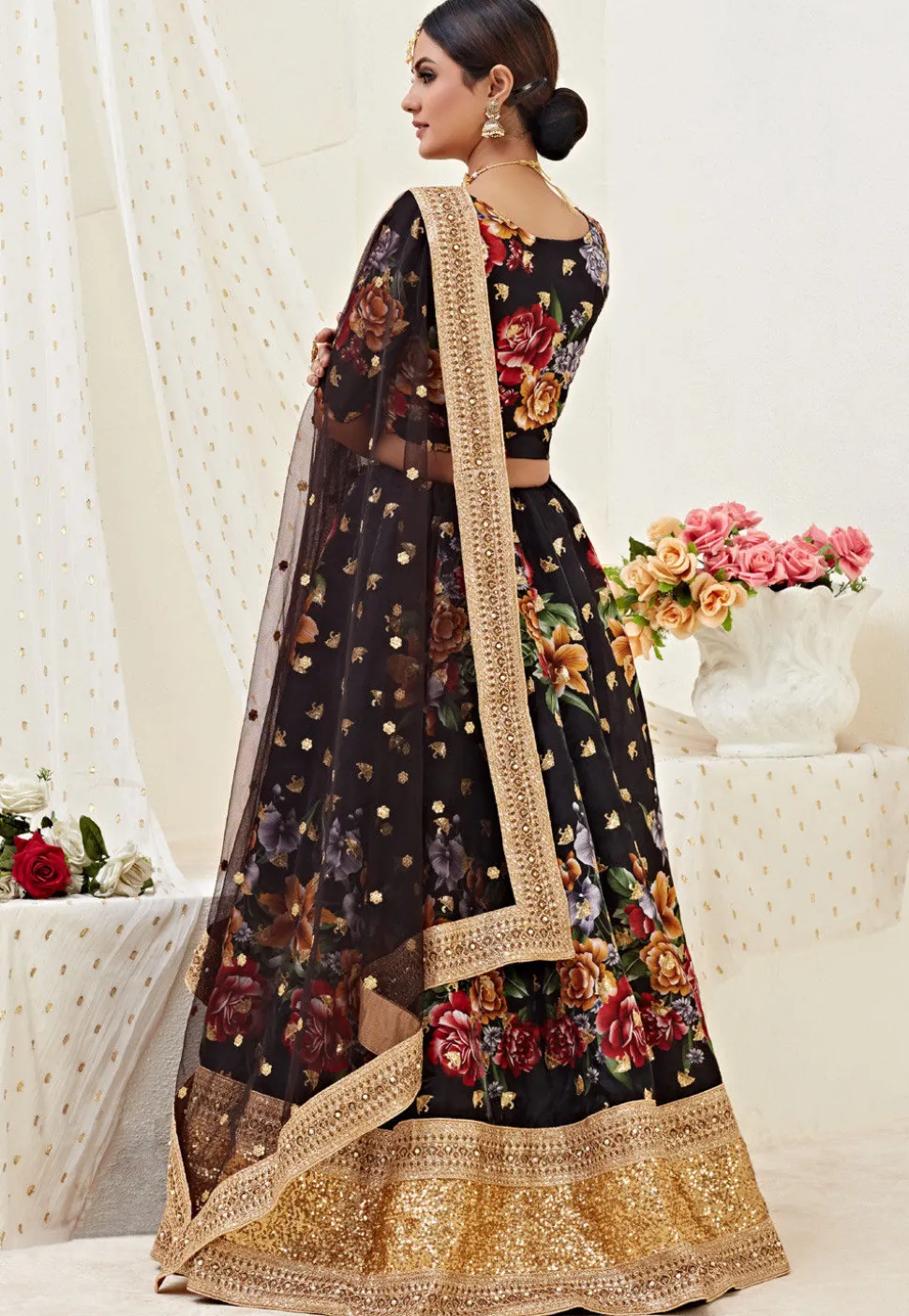 Digital Printed Art Silk Lehenga in Black