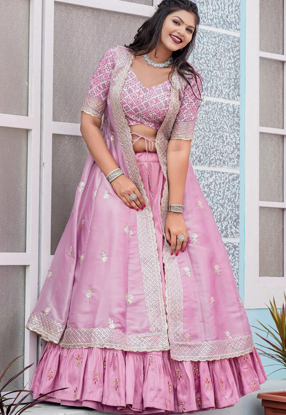 Digital Printed Art Silk Lehenga in Pink
