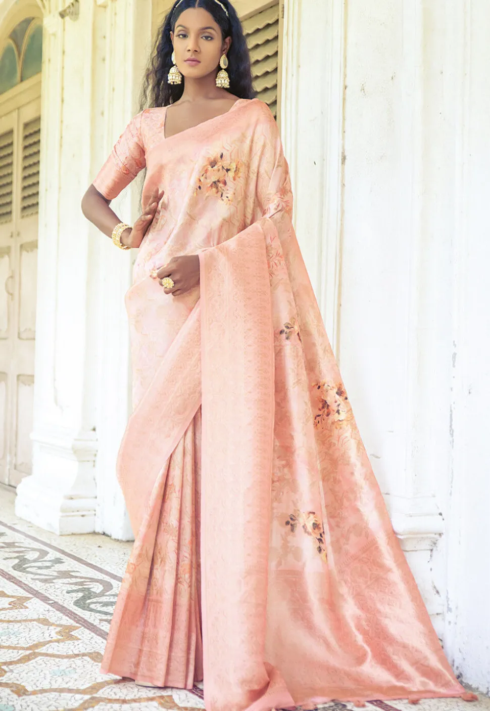 Digital Printed Art Silk Saree in Peach