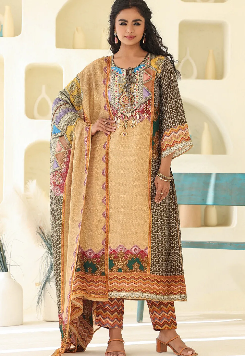 Digital Printed Art Silk Pakistani Suit in Beige