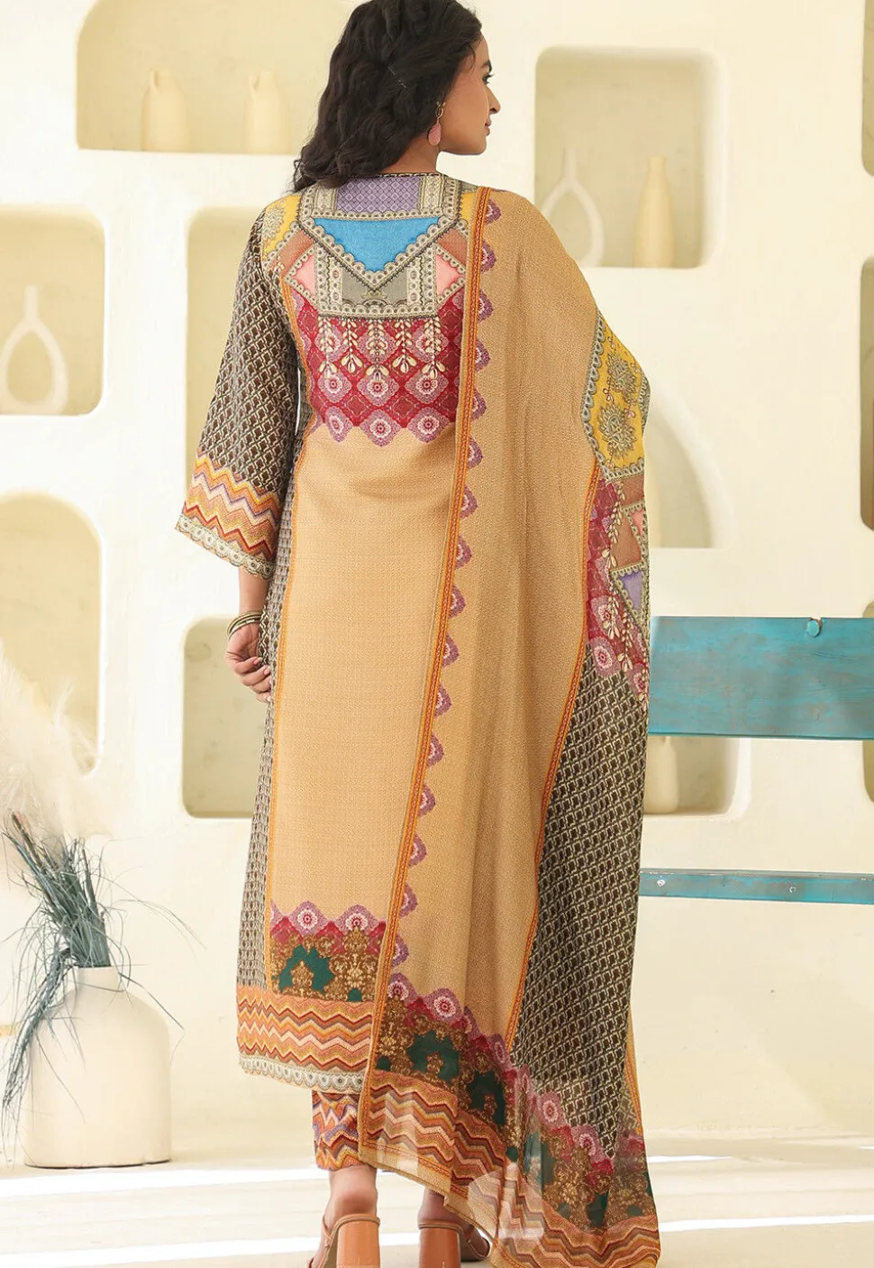 Digital Printed Art Silk Pakistani Suit in Beige