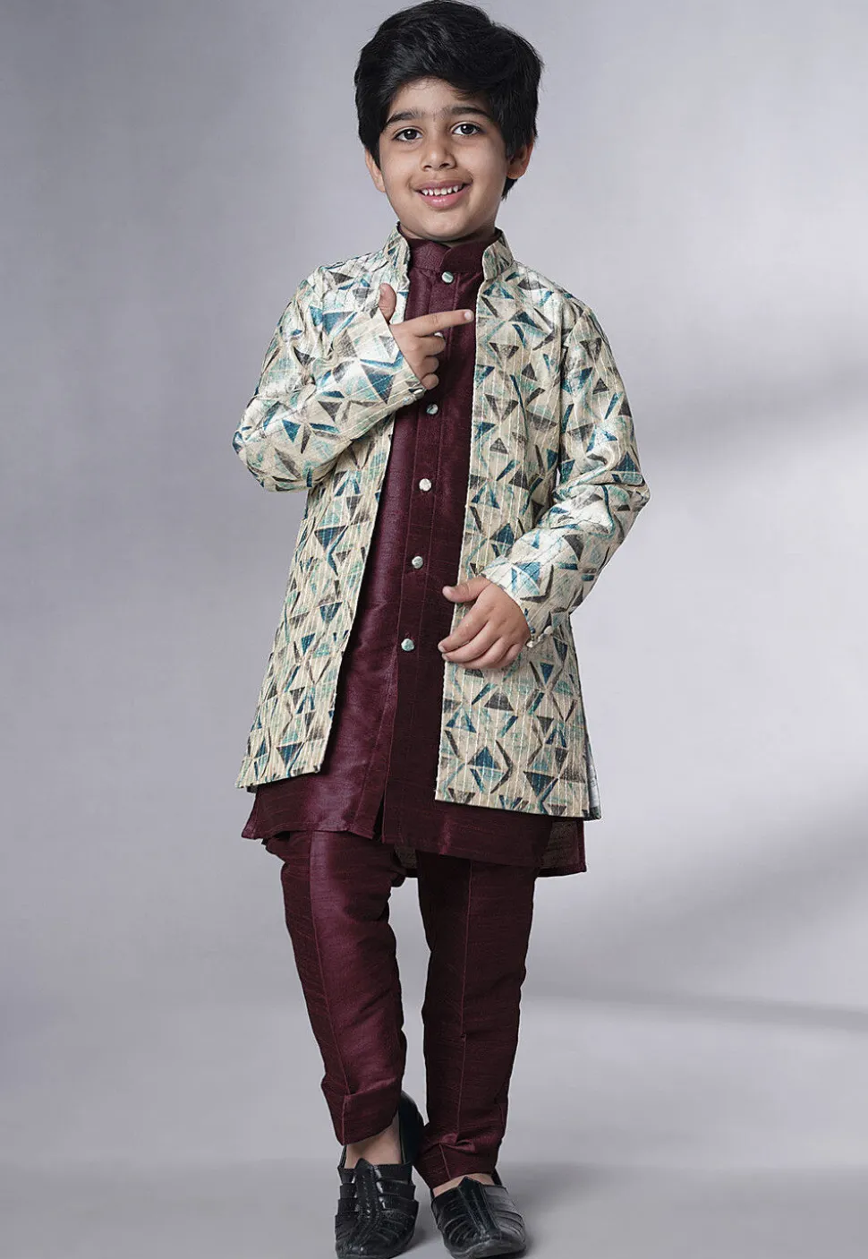 Digital Printed Art Silk Sherwani in Wine