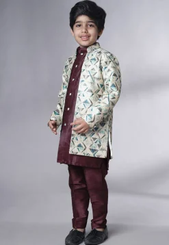 Digital Printed Art Silk Sherwani in Wine
