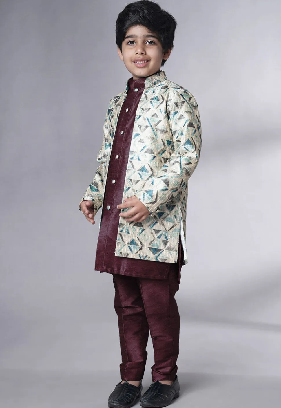 Digital Printed Art Silk Sherwani in Wine