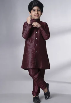 Digital Printed Art Silk Sherwani in Wine