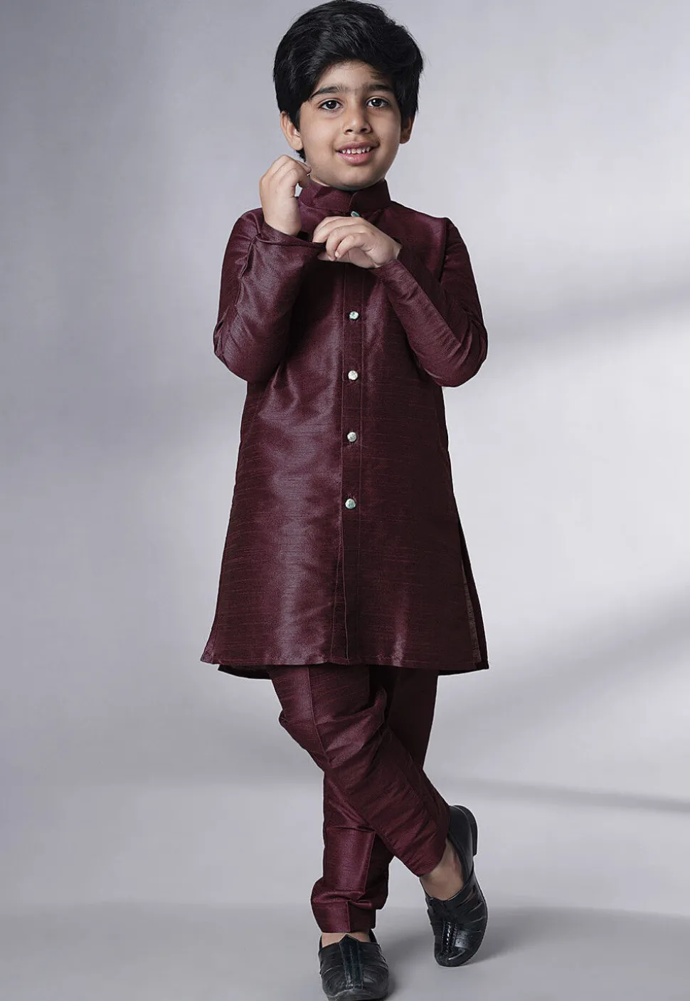 Digital Printed Art Silk Sherwani in Wine