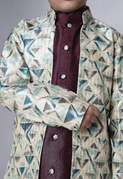 Digital Printed Art Silk Sherwani in Wine
