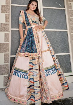 Digital Printed Art Silk Lehenga in Peach