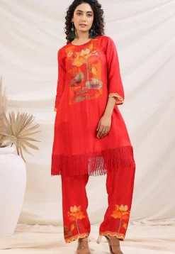Digital Printed Art Silk A Line Kurta Set in Red