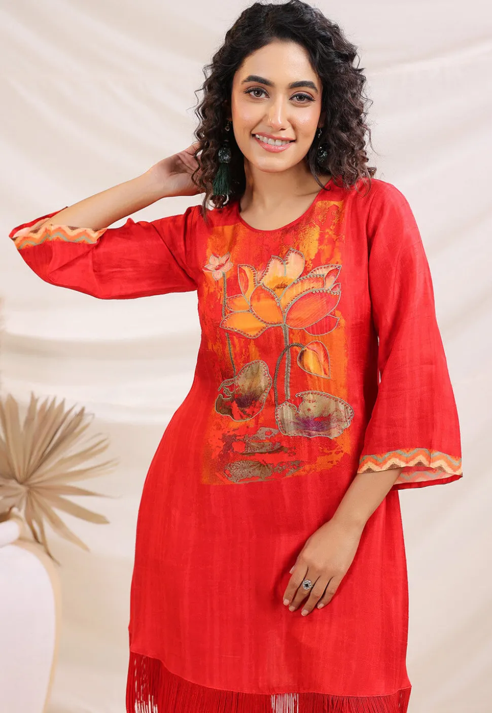 Digital Printed Art Silk A Line Kurta Set in Red