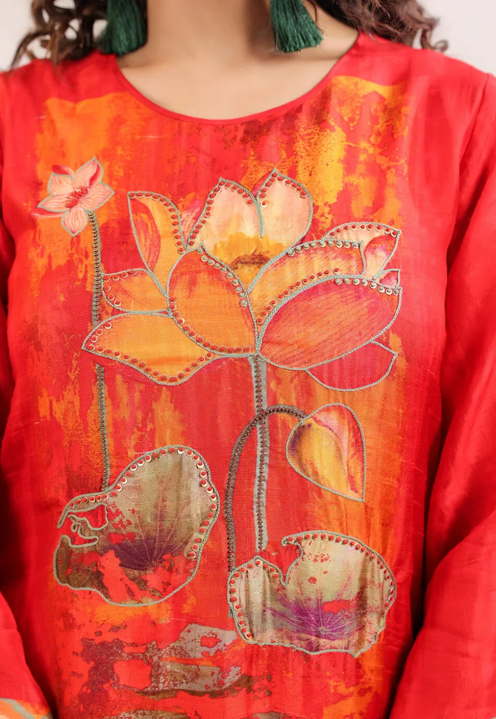 Digital Printed Art Silk A Line Kurta Set in Red