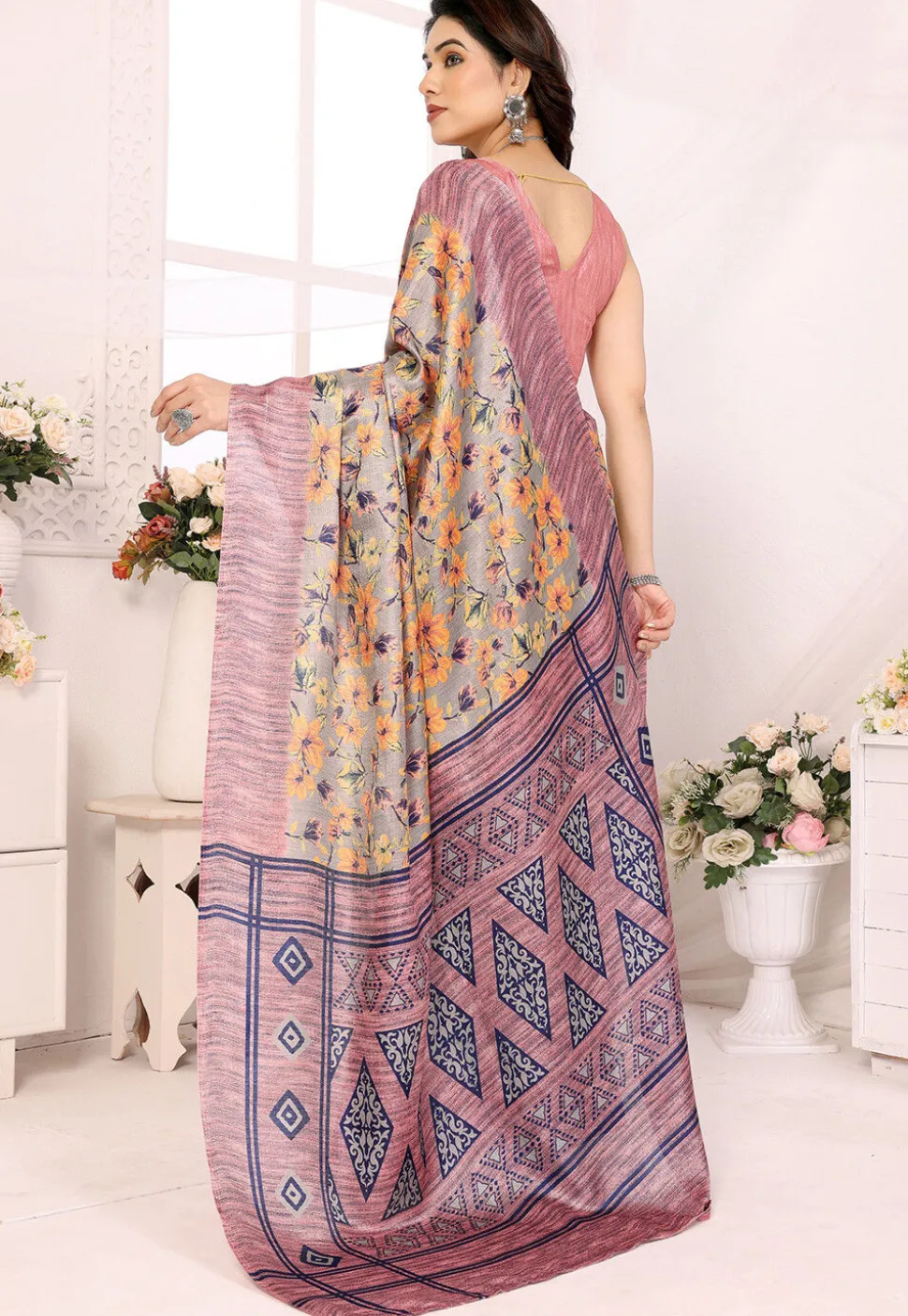 Digital Printed Art Silk Saree in Grey