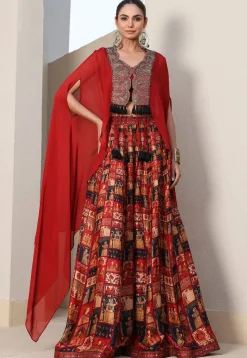 Digital Printed Art Silk Crop Top Set in Maroon
