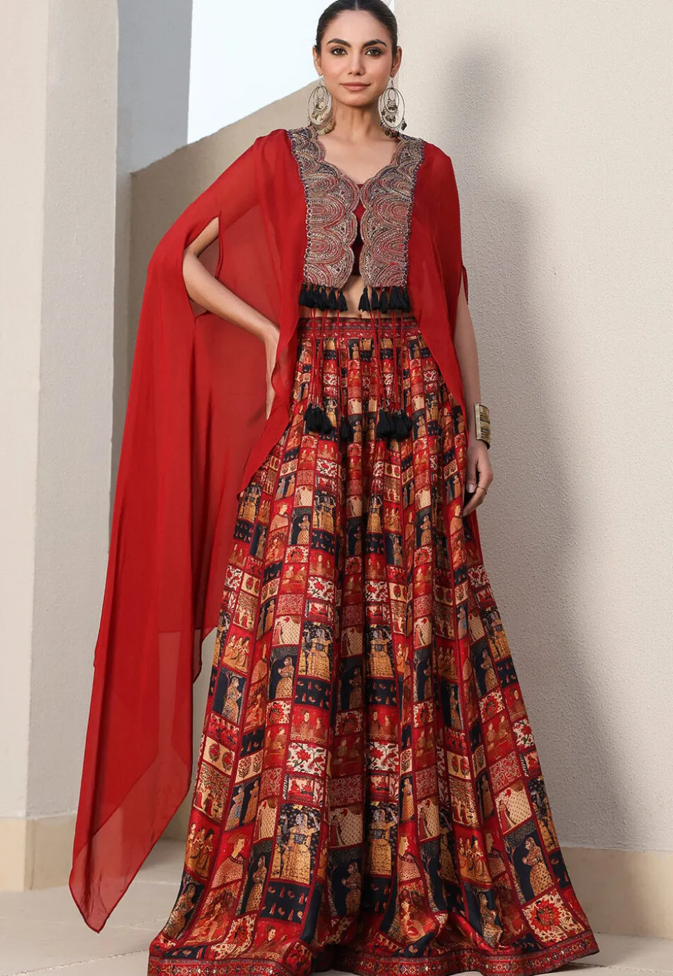 Digital Printed Art Silk Crop Top Set in Maroon