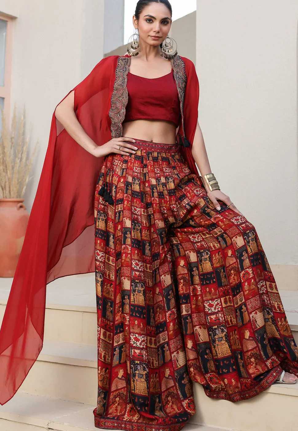 Digital Printed Art Silk Crop Top Set in Maroon