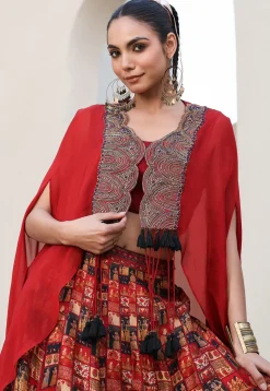 Digital Printed Art Silk Crop Top Set in Maroon