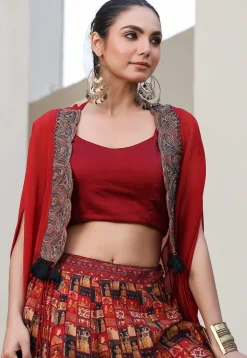Digital Printed Art Silk Crop Top Set in Maroon