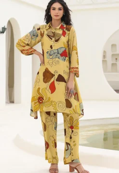 Digital Printed Art Silk A Line Kurta Set in Yellow